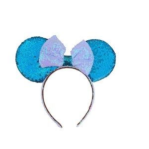Disney Parks Minnie Mouse Aqua Sequin Ears Headband Iridescent Bow